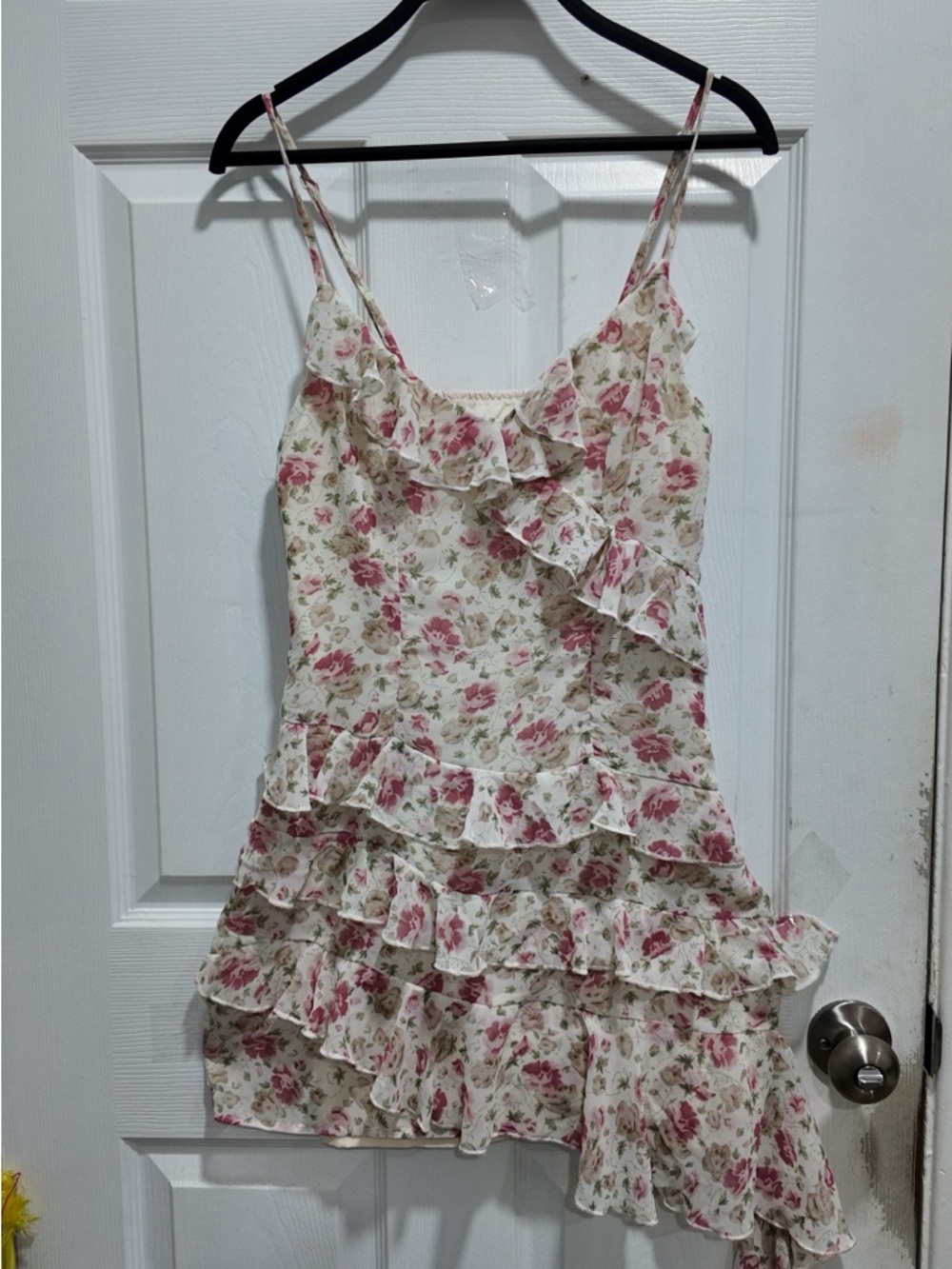 Floral Ruffled Tiered Spaghetti Strap Dress - Cream & Rose